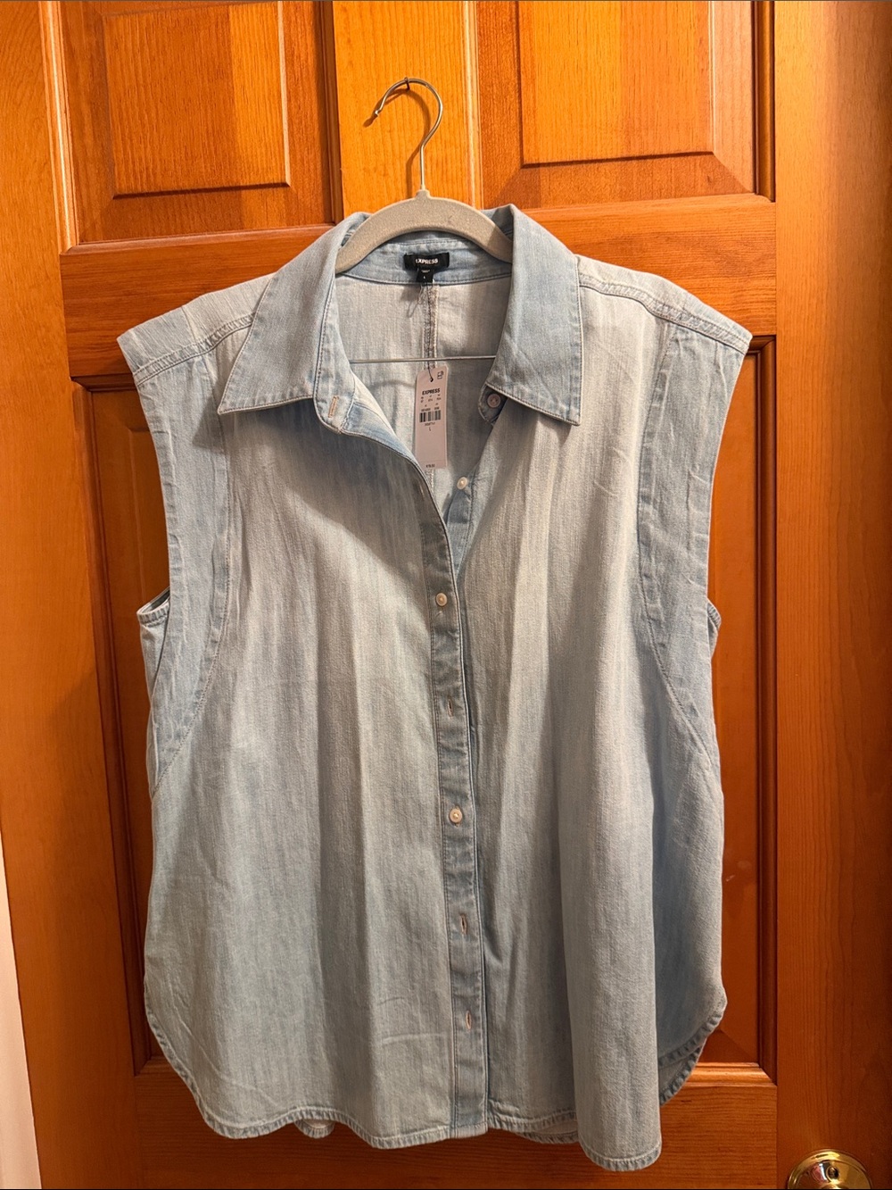 Express Light Blue Sleeveless Denim Button-Front Top